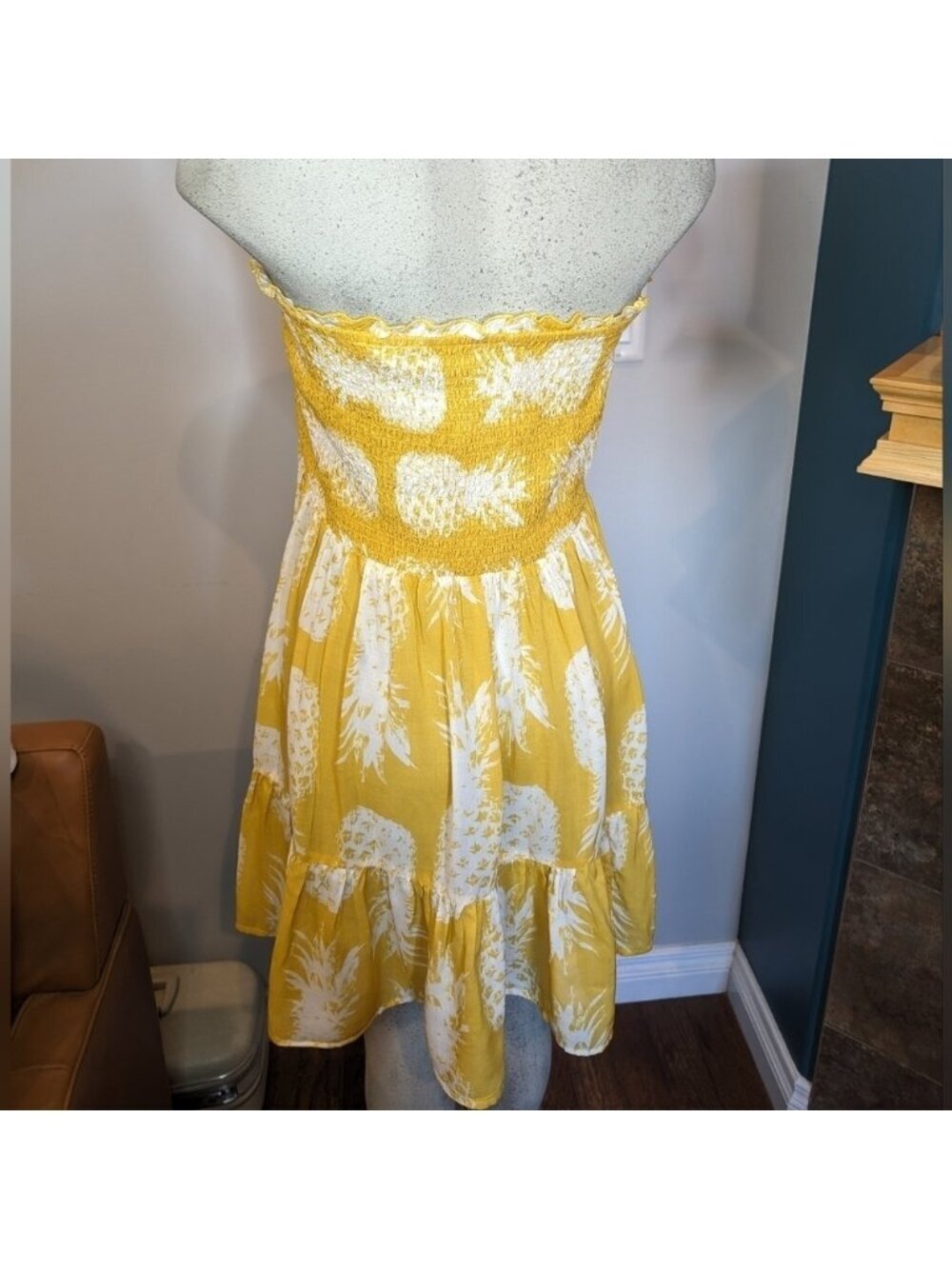 Anthropologie Yellow & White Mini Dress, Pineapple Print removable Straps sz 1x - Picture 12 of 16